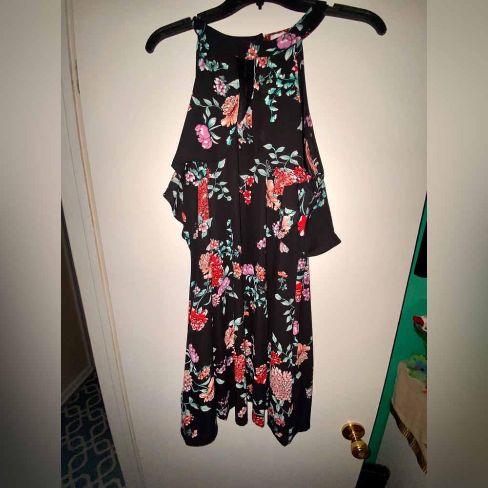 Excellent used condition, black floral off shoulder dress.